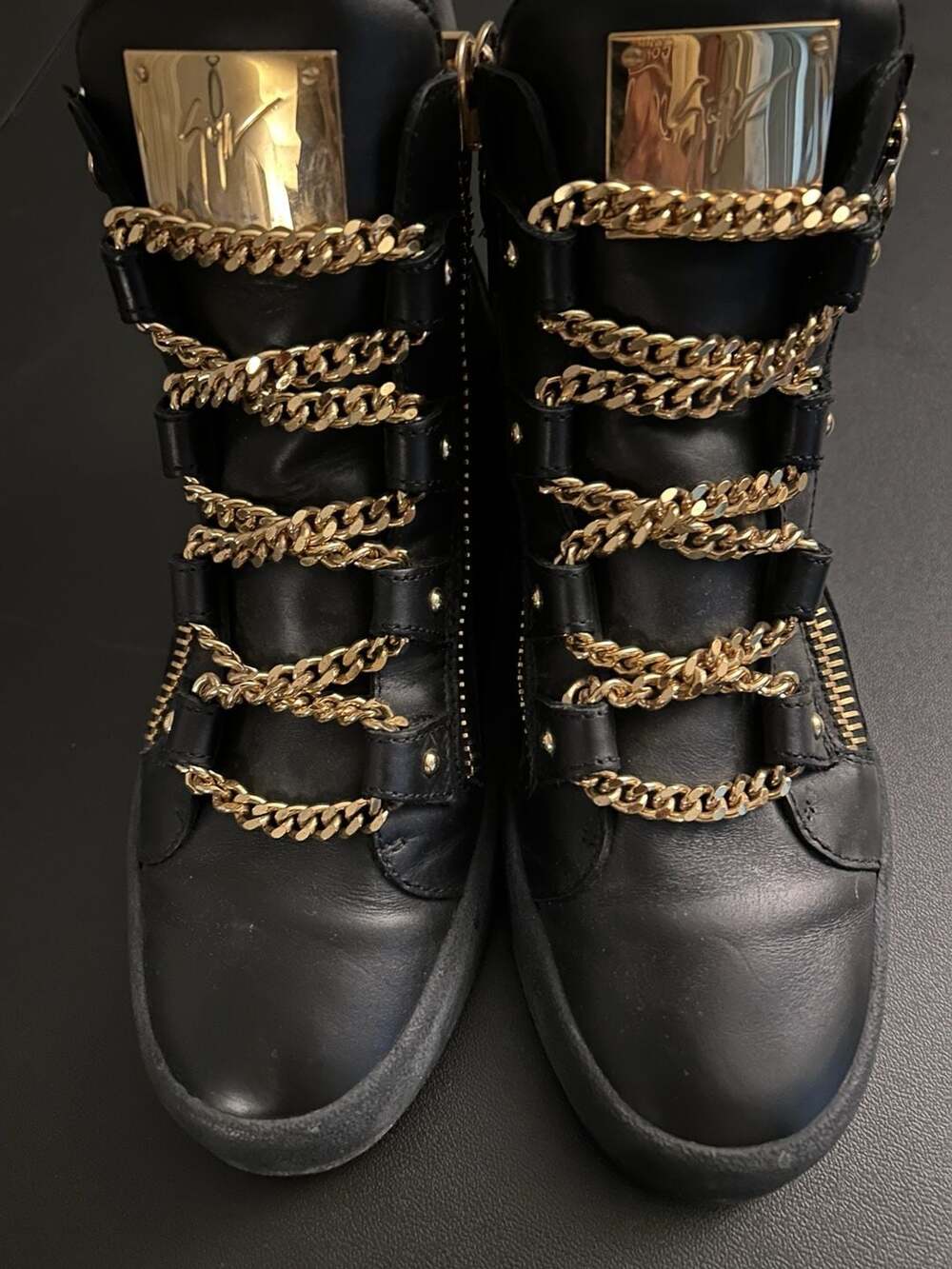 Giuseppe Zanotti Black Leather Gold Chain High Top Sneakers